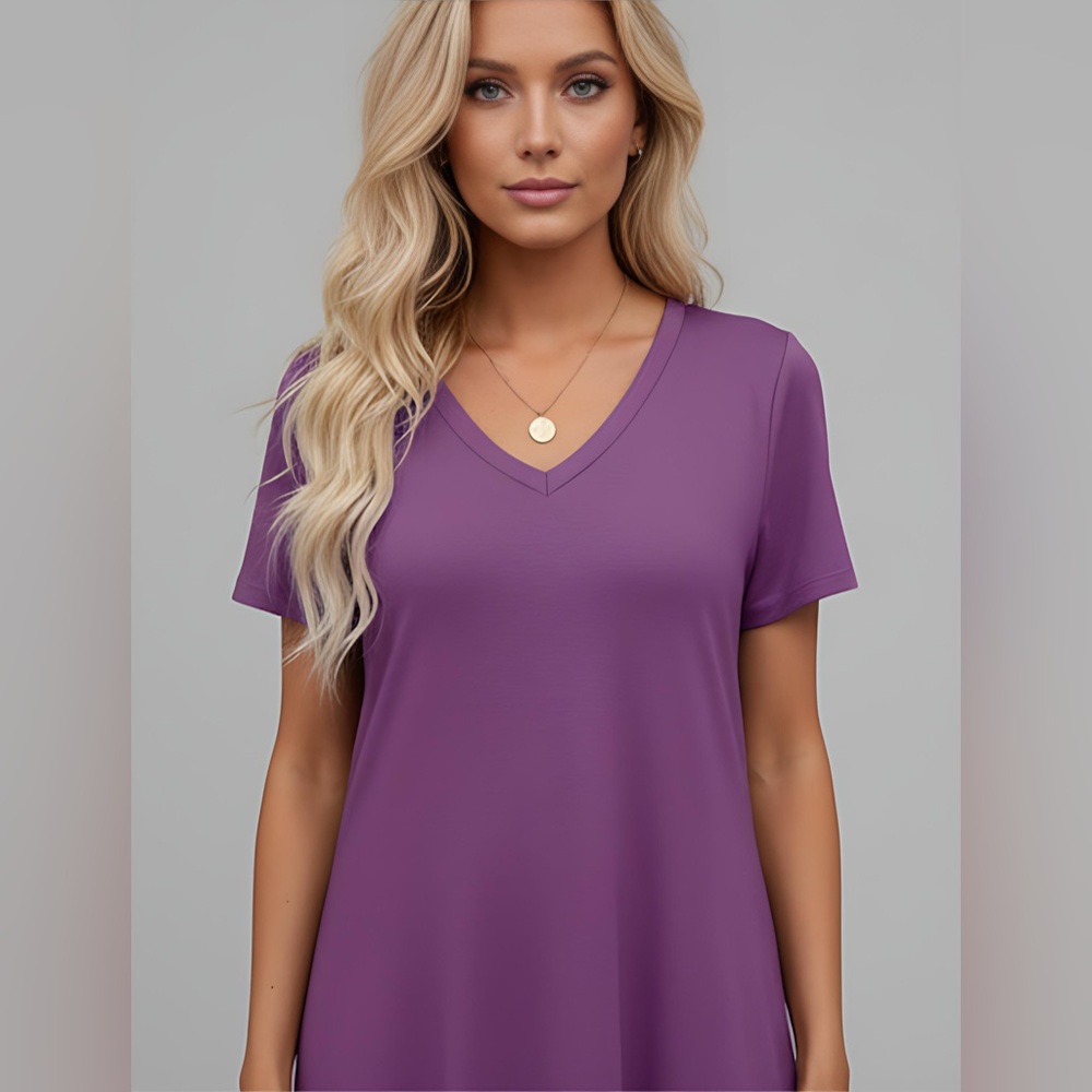 LAST ONE 🔥 Short Sleeve Color Block Tee Dress Purple - Picture 2 of 5